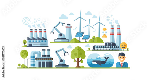 Sustainable Industry & Green Technology: Modern Factories, Automation, Renewable Energy, and Environmental Protection