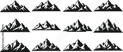 Set of realistic mountain silhouettes featuring snow capped peaks and jagged ridges for outdoor adventure hiking climbing and wilderness landscape design