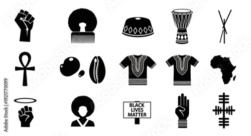 Collection of African cultural symbols and icons.