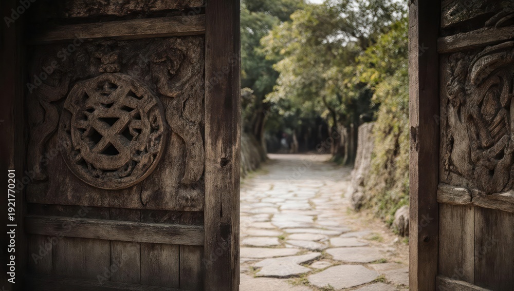 Fototapeta premium Ornate, wooden gate opens to a stone path leading into a verdant forest