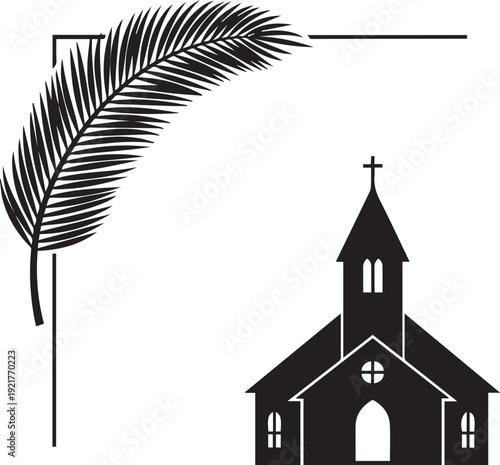 Palm Sunday church silhouette vector illustration with decorative palm leaf frame element design