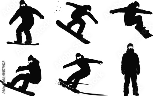 Set of six professional snowboarder silhouettes performing various jumps and downhill carving maneuvers for winter sports competition mountain resort and recreation
