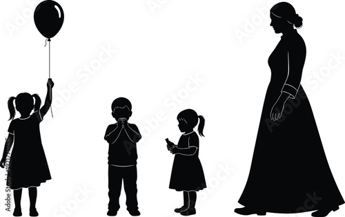 Silhouettes of a Mother Walking Together with Three Children Including a Little Girl Holding a Balloon for Family Parenthood Childhood and Education Concept
