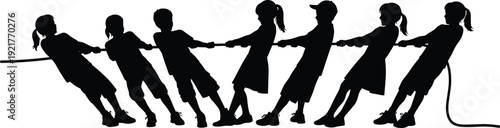 Silhouettes of a group of children playing tug of war on white background, teamwork, cooperation, school sports day activity, competition.