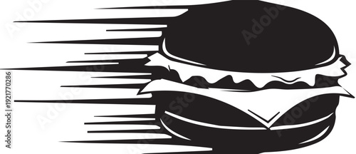 Monochrome fast food burger icon with speed lines