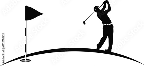 Golfer Silhouette Swinging Club, Professional Golf Player on Course Near Flag Isolated on White Background Illustration