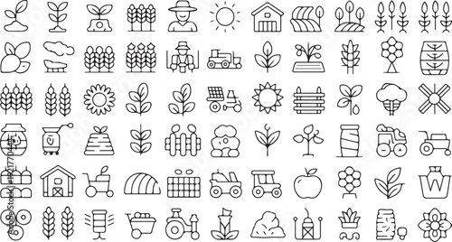 agriculture icons set line art farm and crop vector symbols grid packs