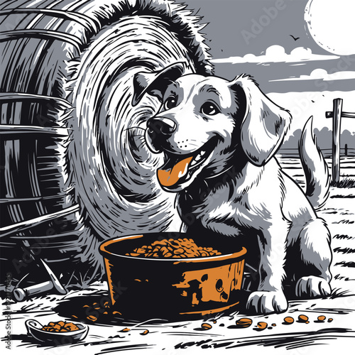 Heavy stroke cartoon illustration of a farm dog happily eating food beside hay bale, thick contour lines, flat black and white 3