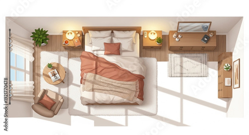 Overhead View of Modern Bedroom Interior.