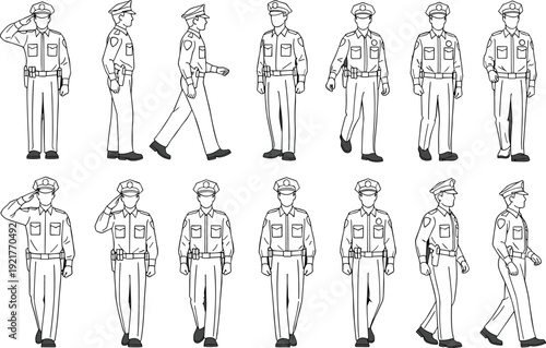 Police officer line art collection showing standing walking and saluting poses, law enforcement uniformed characters isolated vector illustration set