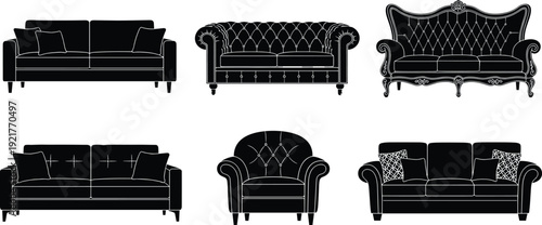 Elegant collection of diverse sofa and armchair silhouettes showcasing modern minimalist, Chesterfield tufted, vintage ornate, and plush contemporary furniture designs fo