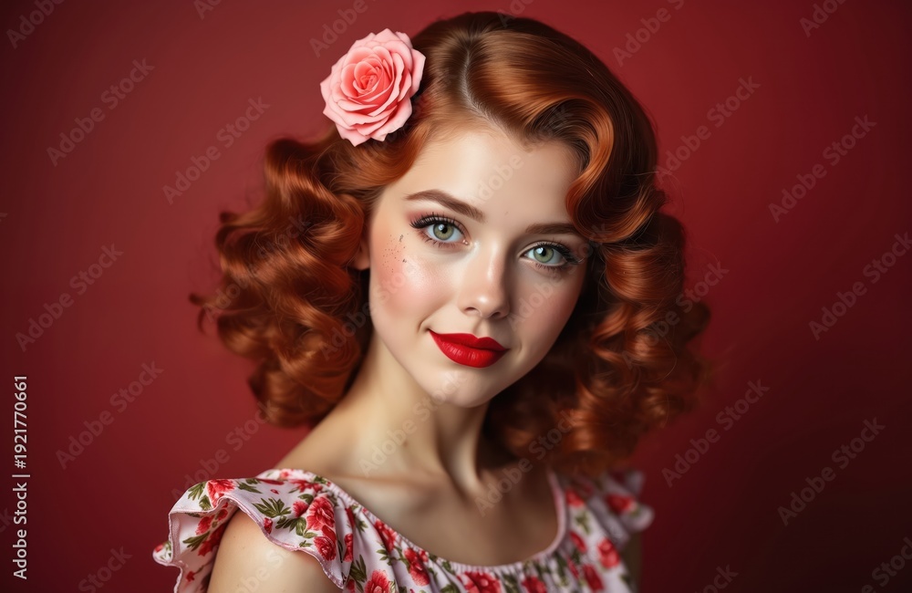 Fototapeta premium Vintage styled woman with red hair and rose accessory smiles coyly. She wears floral dress, bright red lipstick, and has striking green eyes. Her makeup is classic pin-up.