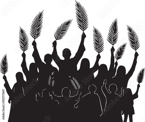 Palm sunday crowd silhouette holding palm branches celebrating religious holiday vector art