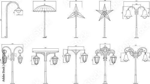 Technical street lamp drawings with dimensions, vintage and modern outdoor lighting designs, architectural blueprint line art vector illustration set collection