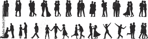 Black Couple Silhouette Set Featuring Romantic Partners Kissing Holding Hands and Proposing Isolated on White Background for Wedding and Valentines Day Design Projects
