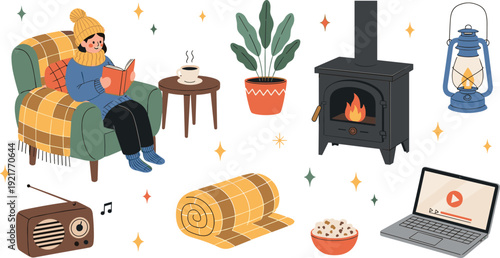 Cozy Winter Home Scene with Woman Reading by Fireplace Hygge Lifestyle Vector Illustration Set