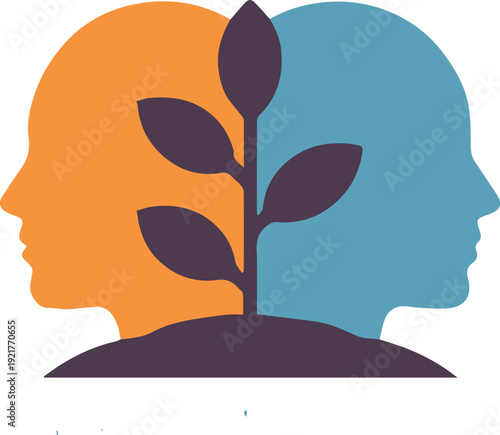 mental health emblem human head silhouettes with leaf growth
