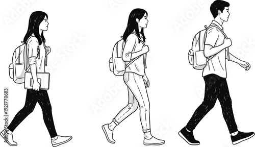 Students walking with backpacks line art illustration, young men and women side view, education lifestyle characters isolated vector set