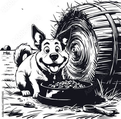 Heavy stroke cartoon illustration of a farm dog happily eating food beside hay bale, thick contour lines, flat black and white