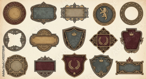 Collection of ornate vintage crests and emblems.