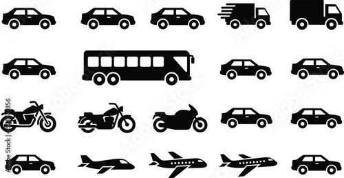 Transportation silhouette icon set with cars trucks buses motorcycles and airplanes, travel logistics and urban mobility vehicles isolated black vector illustration