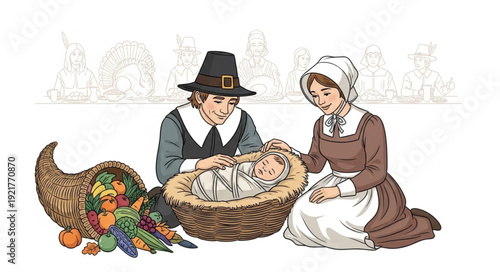 Pilgrim Couple with Infant and Harvest.