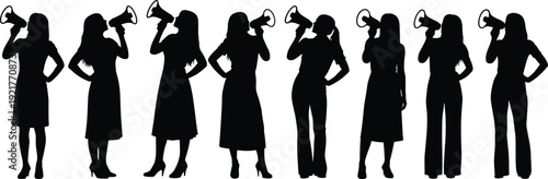 Black silhouette illustration of women holding megaphones, protest, advocacy, empowerment, communication, social movement, activism, vocal expression, equality, freedom, vector design concept