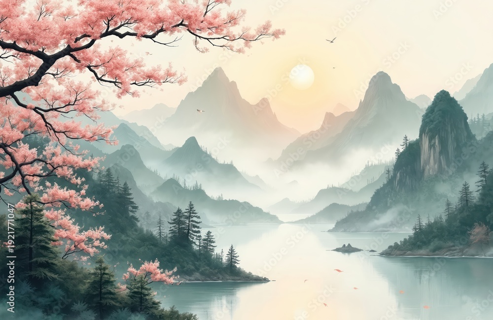 Fototapeta premium Serene Chinese landscape painting shows mist covered mountains and trees near calm lake. Pink cherry blossoms bloom on branches over tranquil water and sky. Birds fly near sun.