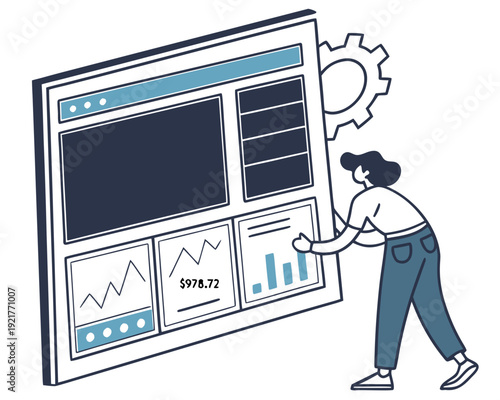 Cartoon illustration of a person interacting with a digital analytics dashboard tool