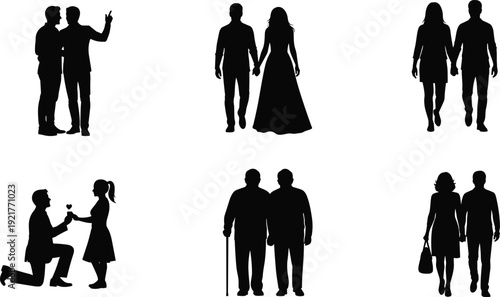 Collection of romantic couple silhouettes holding hands, proposing marriage and walking together isolated on white background vector illustration set