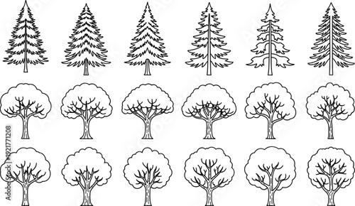 Tree line art icon set featuring pine and deciduous forest shapes, nature symbols isolated black vector illustration collection design elements