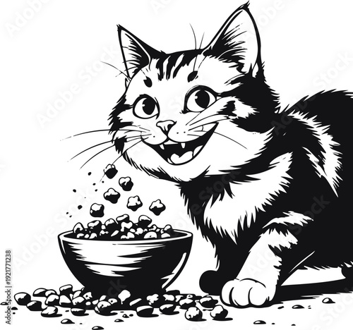 Heavy stroke cartoon illustration of a happy cat eating kibble scattered near bowl, minimal shapes, high contrast monochrome 2