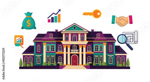 Large mansion symbolizing real estate investment and financial growth opportunities with various icons