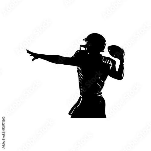 American Football Quarterback Throwing Pass Silhouette Black and White Vector Illustration