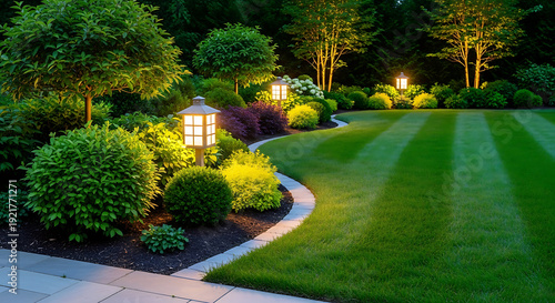 Beautifully lit garden with manicured lawn and landscaping at night