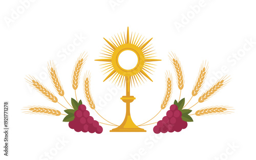A vector graphic illustration of a gold chalice with wheat and grapes, symbolizing the Eucharist in a minimalist and sacred design.