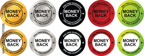 Colorful Money Back Guarantee Badge Set with Risk Free Warranty Seal Labels for Product Packaging and eCommerce