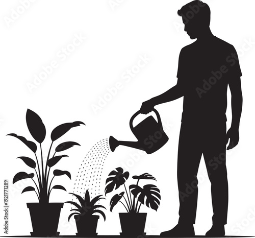 Man Watering Plants Gardening Care Vector Silhouette