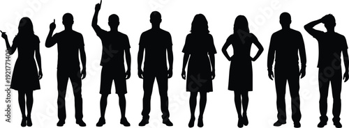 Collection of standing men and women silhouettes showing different hand gestures isolated on white background, communication expression concept vector illustration