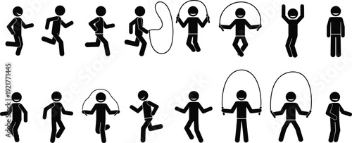 Jump rope exercise stick figure icons set, fitness workout silhouette collection isolated on white background for training concept