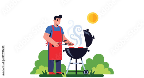 Man grilling food on a barbecue in a lush green outdoor setting