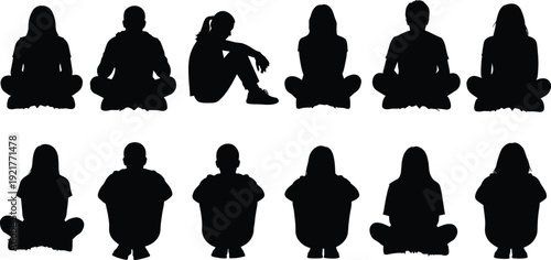 Collection of sitting men and women silhouettes in cross legged and relaxed poses isolated on white background vector illustration set