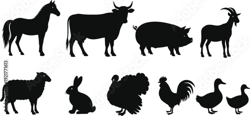 Black Farm Animal Silhouette Vector Set Featuring Horse Cow Pig Goat Sheep Rabbit Turkey Rooster and Duck Icons for Agriculture and Rural Livestock Design Projects