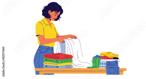 Woman folding and organizing laundry in a tidy and colorful illustration