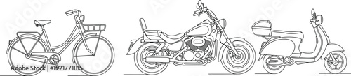 Two wheeled transport line art illustration set featuring bicycle motorcycle and scooter, urban mobility vehicles isolated vector collection design