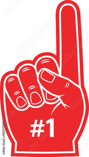 Foam finger number one icon, sports fan hand symbol, red supporter glove illustration, victory gesture graphic isolated on white background
