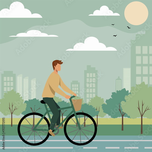 Sustainable Urban Mobility Concept Man Riding Bicycle In Green City