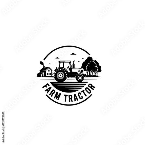 Vintage Farm Tractor Logo Design with Rural Landscape Badge Illustration