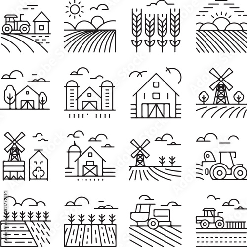 farm agriculture icons set vector line tractor barn silo field sunrise