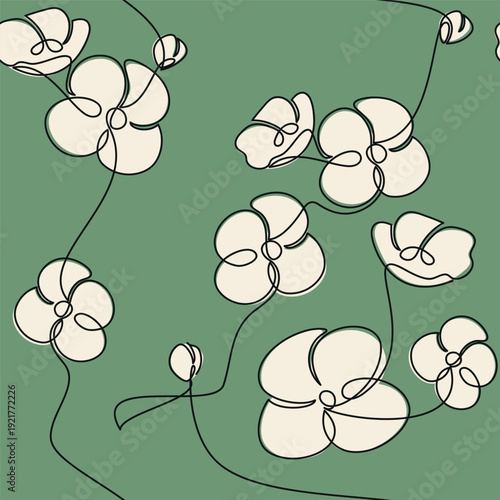 White orchid flowers seamless pattern vector. Hand drawn floral illustration. Green botanical wallpaper. Line continuous drawing, cartoon background, fabric, textile print, garden plant backdrop.